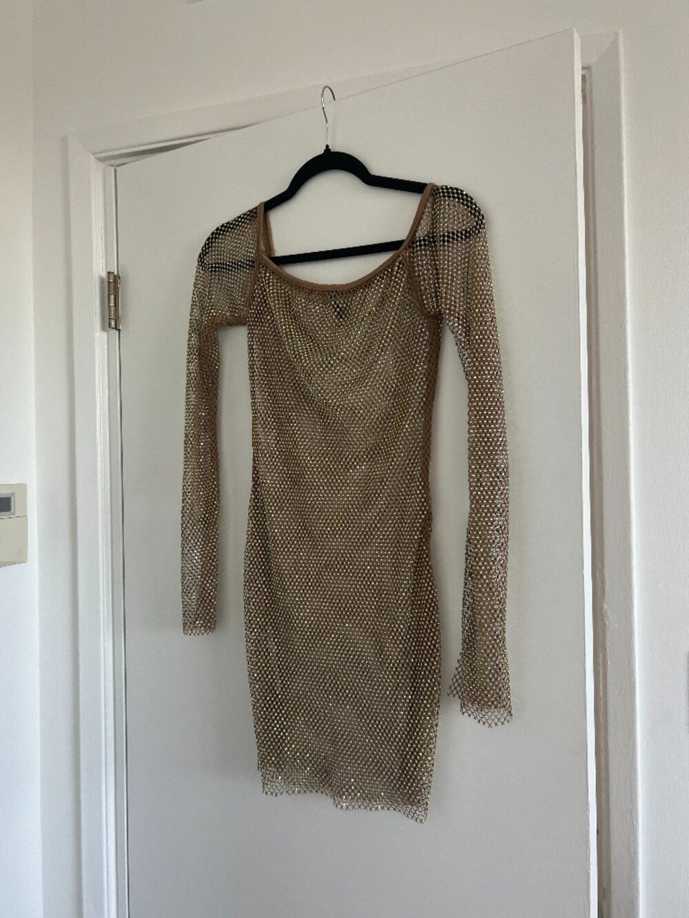 Pretty Little Thing Off Shoulder Rhinestone Mini Dress See Through Size M
